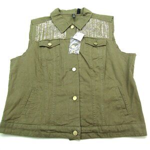 MNG Casuals Vest Waistcoat Womens XL Green Button Down Distressed Arm Holes NWT
